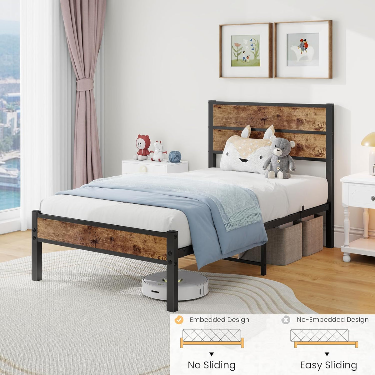 Eenpersoonsbed 90 x 200 cm met houten hoofdeinde, bedframe met lattenbodem van metaal, eenpersoonsbed, metalen bed, eenpersoonsbed, 90 x 200 cm met opbergruimte, robuust en stabiel, bruin