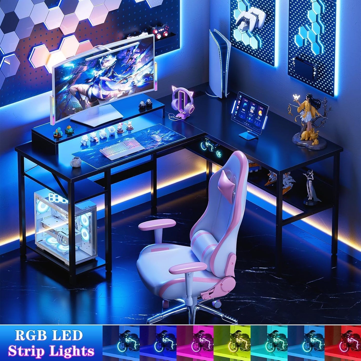 L-vormig bureau, gamingbureau met LED-verlichting, omkeerbaar computerbureau met opbergplanken, hoektafel met monitorstandaard voor thuis, kantoor, zwart