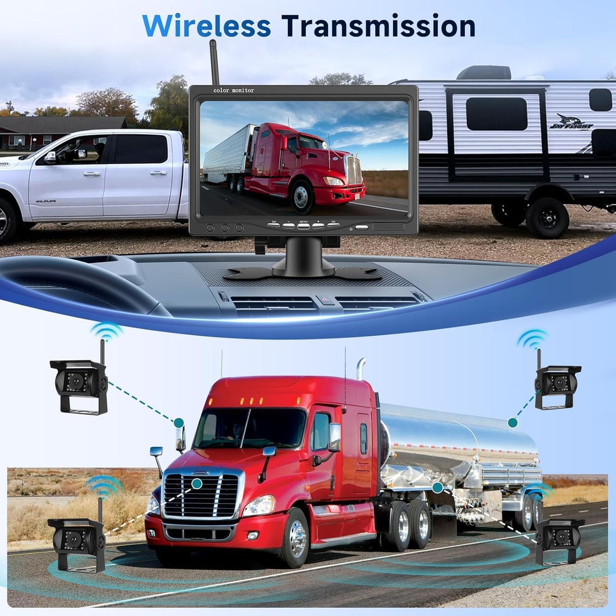 Digitaal draadloos achteruitrijcamerasysteem, 7 inch AHD Split Screen Monitor met IP69 waterdichte achteruitrijcamera IR nachtzicht dubbele achteruitrijcamera voor vrachtwagen/aanhangwagen/camper