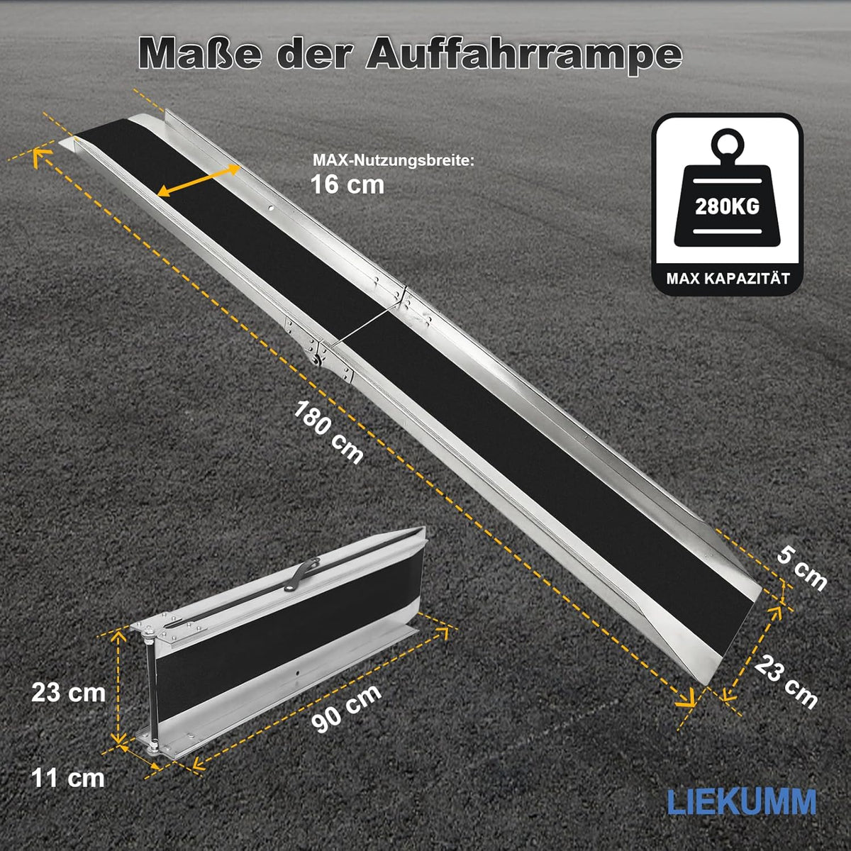 LIEKUMM 1 x 180 cm oprijplaat, 280 kg draagkracht, inklapbaar stalen motoroprijplaat, oprijplaat voor aanhanger, ATV, motorfiets, fiets, auto, laadhelling voor aanhanger