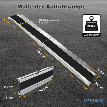 LIEKUMM 1 x 180 cm oprijplaat, 280 kg draagkracht, inklapbaar stalen motoroprijplaat, oprijplaat voor aanhanger, ATV, motorfiets, fiets, auto, laadhelling voor aanhanger