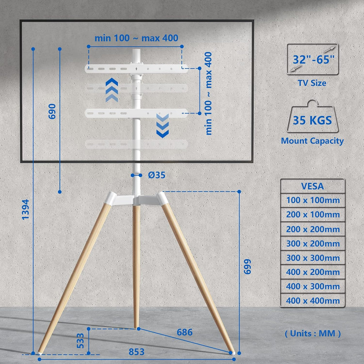 RFIVER Statief ezel tv-standaard voor 32-65 inch LED LCD OLED-scherm - Draaibaar en in hoogte verstelbaar houten tv-vloerstandaard - Max VESA 400x400mm - Max belasting 35kgs - wit