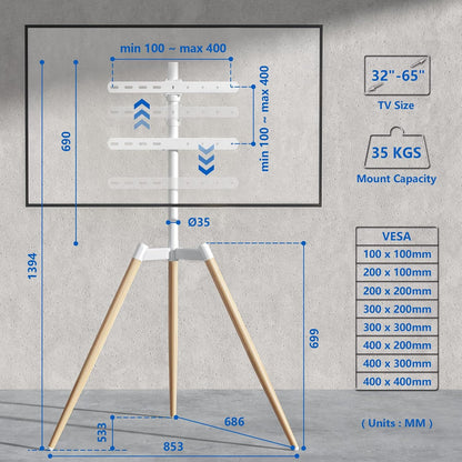 RFIVER Statief ezel tv-standaard voor 32-65 inch LED LCD OLED-scherm - Draaibaar en in hoogte verstelbaar houten tv-vloerstandaard - Max VESA 400x400mm - Max belasting 35kgs - wit