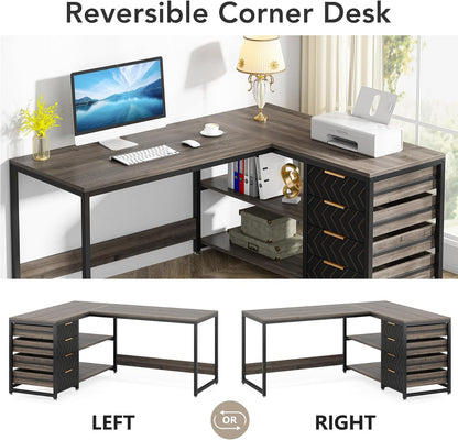 Tribesigns L-Shape Corner Desk with Shelves, Reversible L-Shape, with Monitor Stand and Shelves, for Office, Home, Brown, 150 x 120 x 75 cm (Grey)