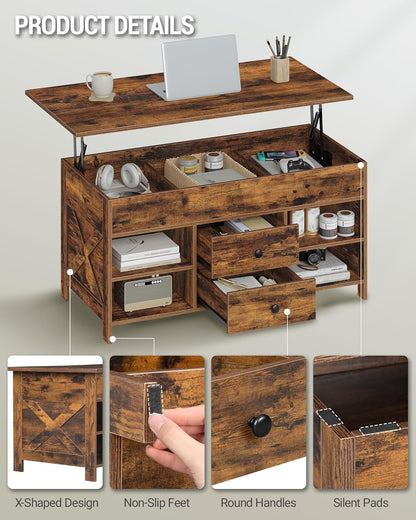 Hzuaneri Coffee Table, Height Adjustable Coffee Table, 2 Drawers and Hidden Storage with Folding Top, 50 x 100 x 47.3 cm, Suitable for Living Room, Dining Room, Vintage Brown-Black CT22101B