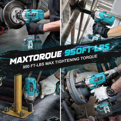 Ecarke 1400 Nm Accu-slagschroevendraaier met moersleutel, set voor Makita 18 V lithium-accu, 2800 tpm, 1/2 inch borstelloze slagschroef met ledlicht, 6 doppen voor autobanden, steigerbouw (zonder accu