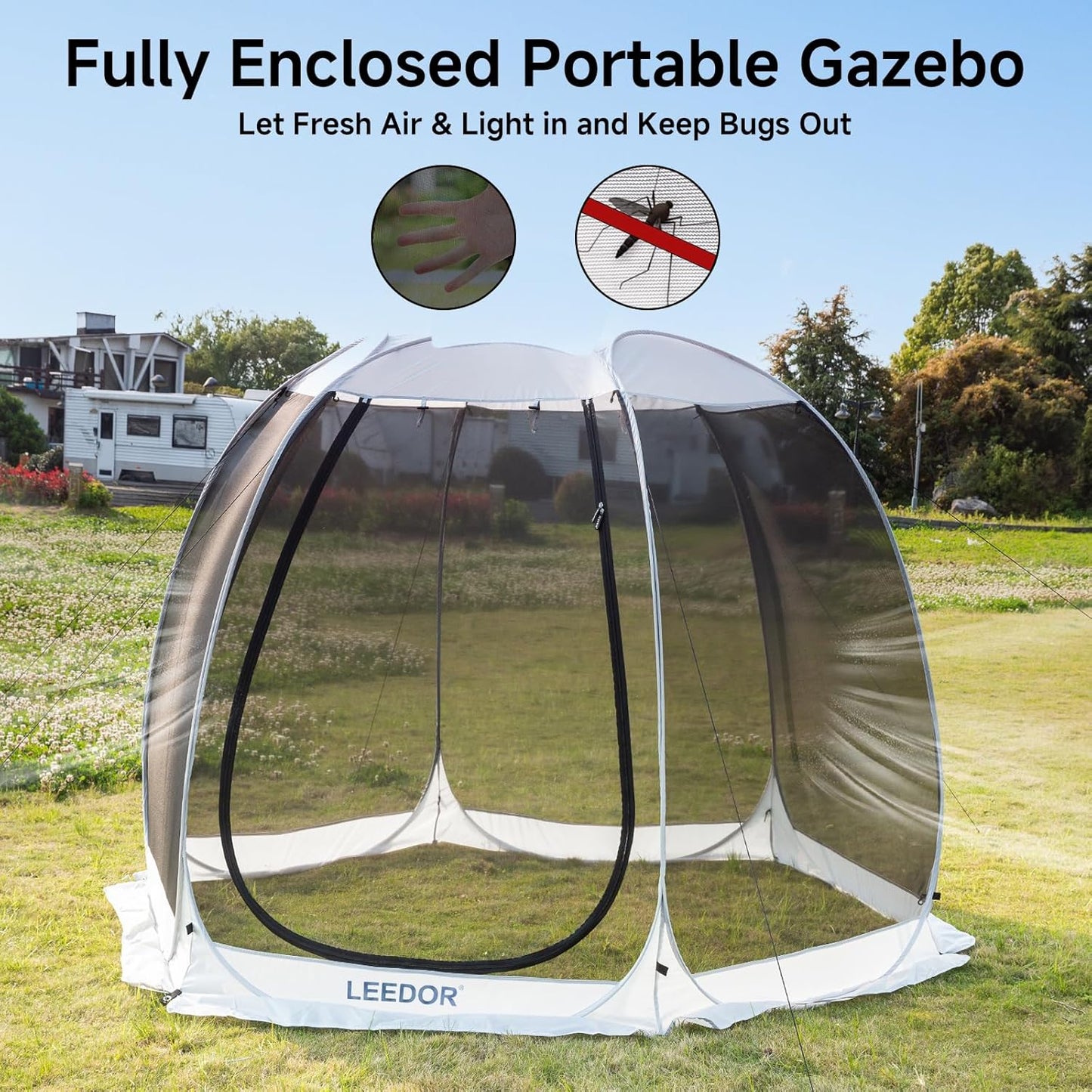 LEEDOR Pop-up gaas-tent voor 4-6 pers. Paviljoen, afgeschermde kamer met muskietengaas, uv-bescherming, draagtas, perfect voor tuin, terras of camping, beschermt tegen zon en insecten, 3 x 3 m