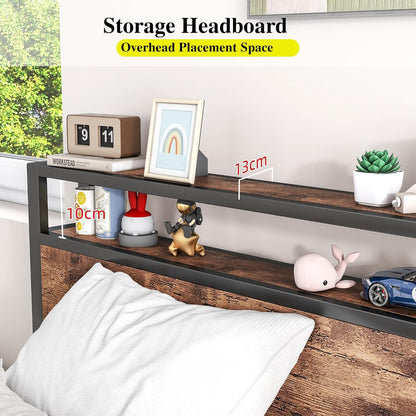 HOJINLINERO Bedframe met lattenbodem, eenpersoonsbed van metaal, 90 x 200 cm, bed met houten opbergruimte, hoofdeinde, logeerbed, tienerbed, dagbed, bedframe, zwart
