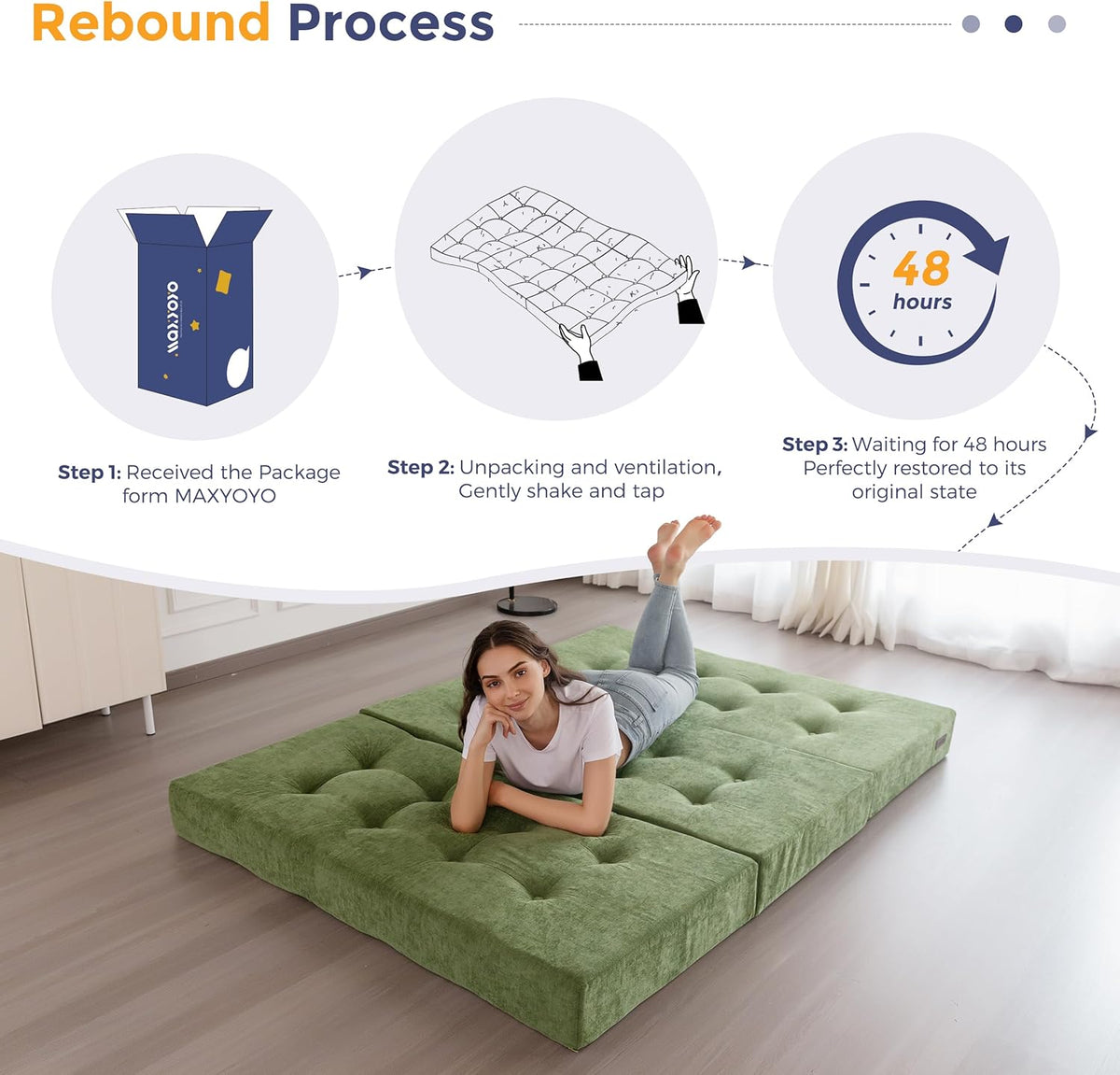 MAXYOYO Opvouwbare Matras Eenpersoons, 15 cm Comfortabele Opvouwbare Matras Met Chenille-Stof, Driekwijd Vloer Futon Bank Bed Voor Gast, Vouwmatras Topper Voor Camping, Lichtgroen, Dubbel