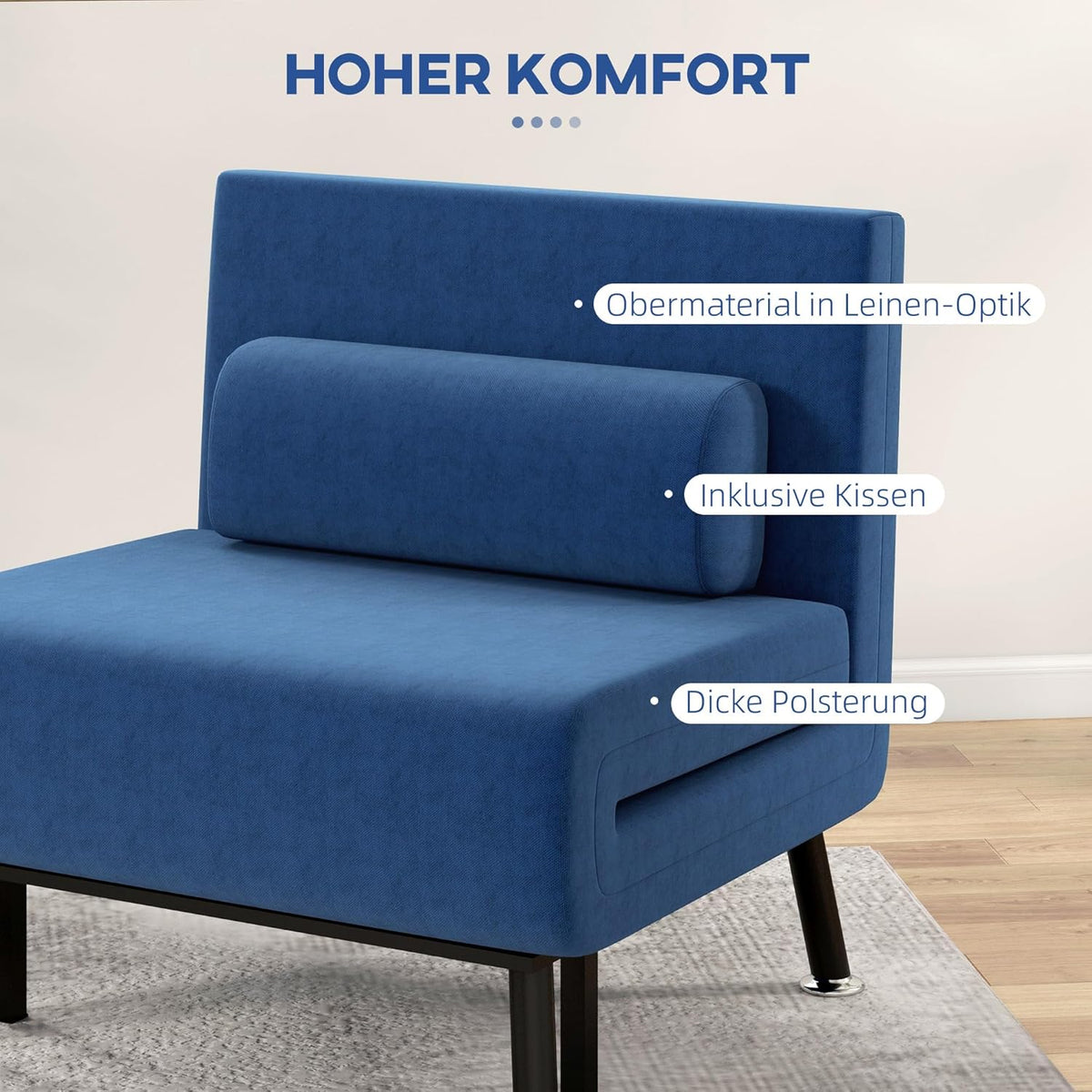 HOMCOM Schlafsessel, Klappbett mit Bettfunktion, Rückenkissen, Klappbar Relaxsessel mit Leinenoptik, Verstellbarer Rückenlehne, 75 x 70 x 75 cm, Dunkelblau - QUORE