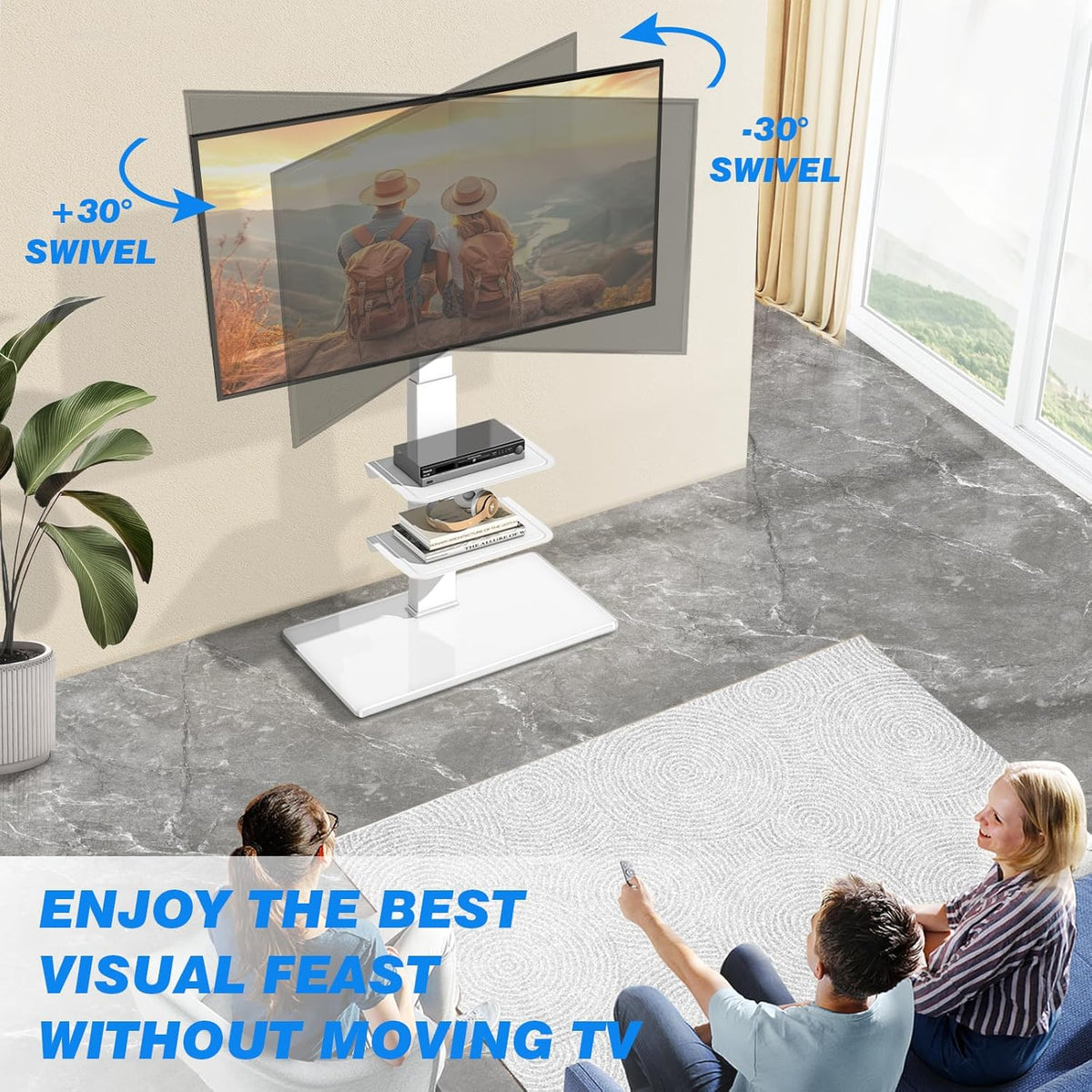 Tv-Vloerstandaard – Tv-Standaard – Televisiestandaard – Tv-Meubel – Tv-Houder – Wit, Voor 32-70 Inch – In Hoogte Verstelbaar – Draaibaar