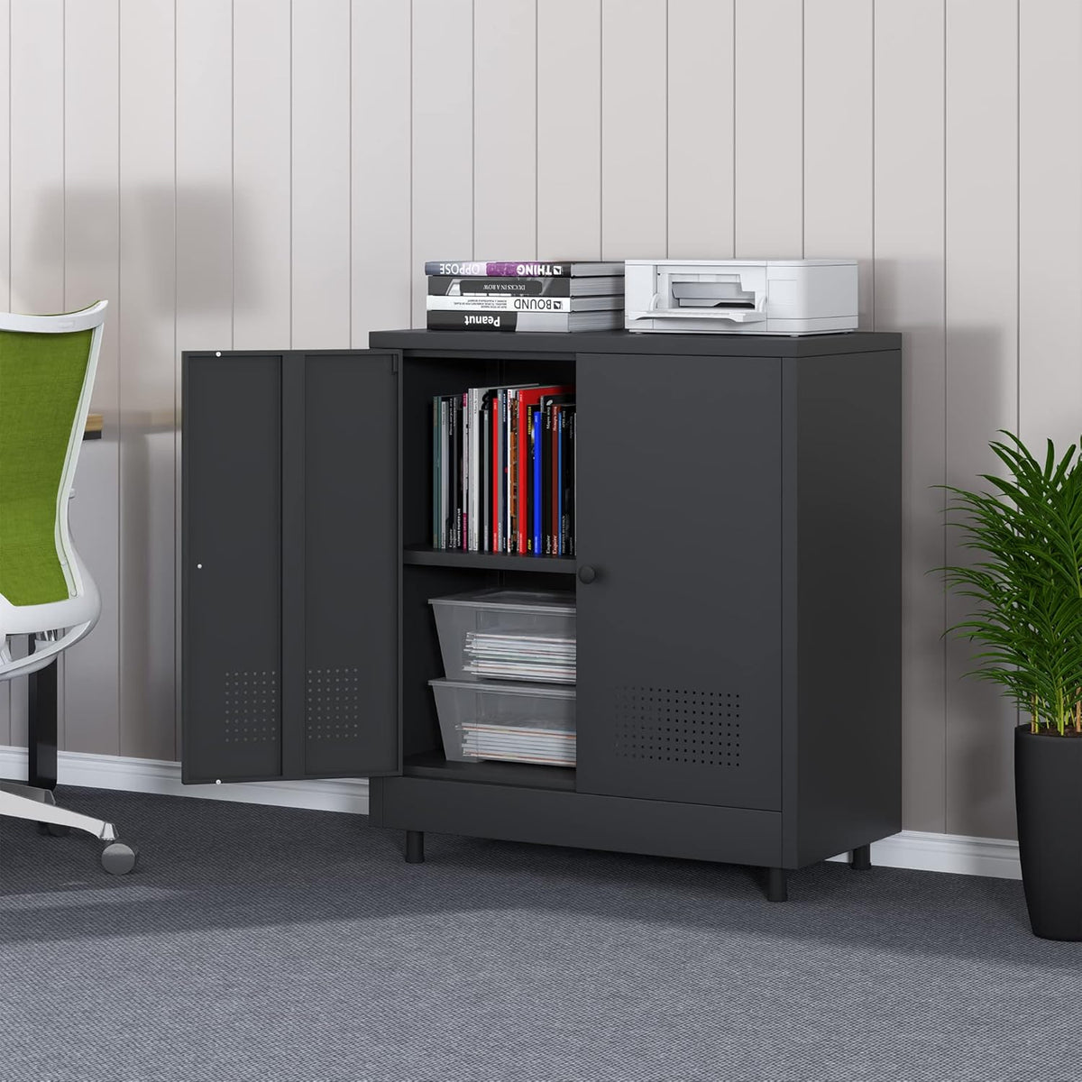 Metalen opbergkast met 2 deuren en verstelbare plank, stalen accent dressoir buffetkast voor thuis, kantoor, garage, entree, woonkamer, keukenkast en eetkamer (zwart) - QUORE