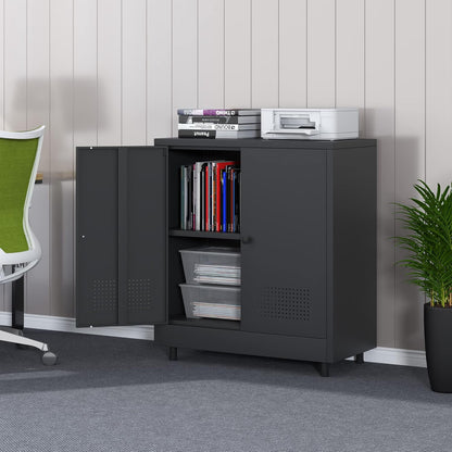 Metalen opbergkast met 2 deuren en verstelbare plank, stalen accent dressoir buffetkast voor thuis, kantoor, garage, entree, woonkamer, keukenkast en eetkamer (zwart) - QUORE