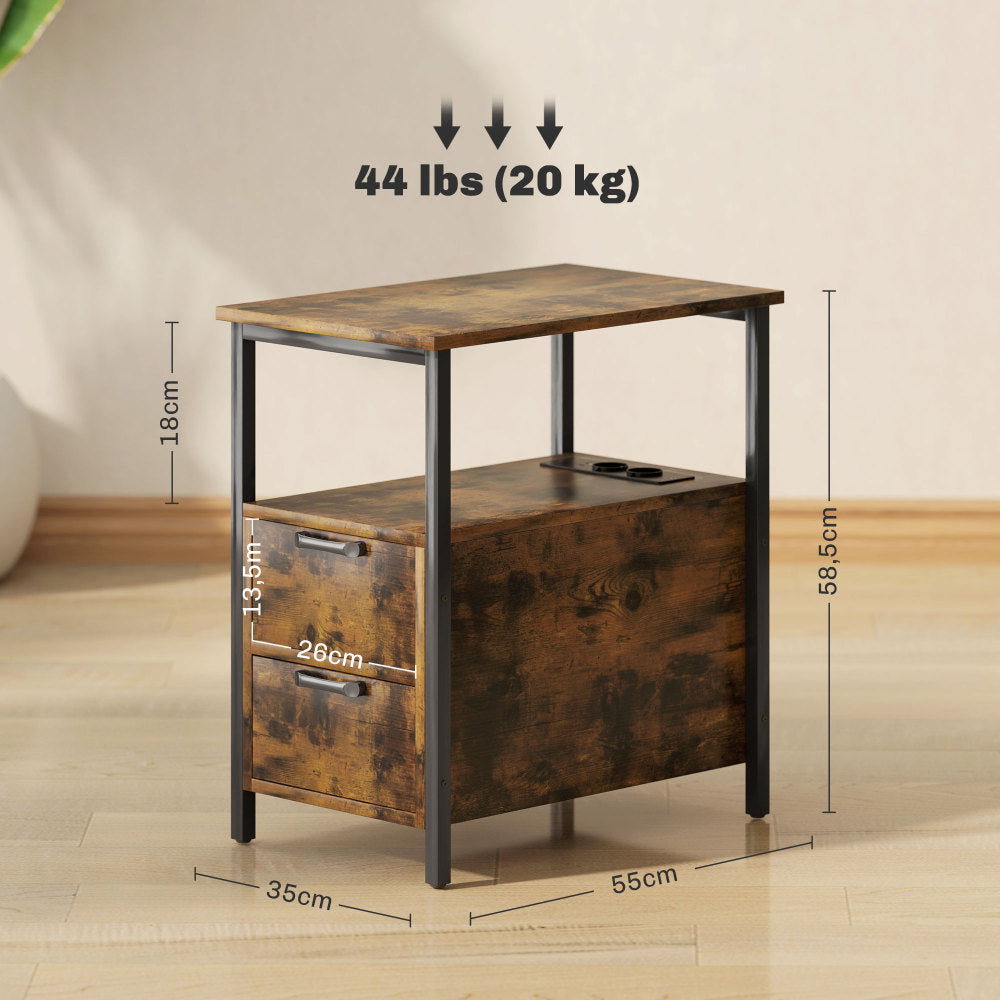 2-Laden Bijzettafel – Nachtkastje – Salontafel – Opbergtafel – Sidetable – Donkerbruin Met Zwarte Poten – Ruime Opberglades – Onderhoudsvriendelijk & Stevig