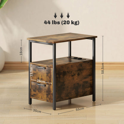 2-Laden Bijzettafel – Nachtkastje – Salontafel – Opbergtafel – Sidetable – Donkerbruin Met Zwarte Poten – Ruime Opberglades – Onderhoudsvriendelijk & Stevig