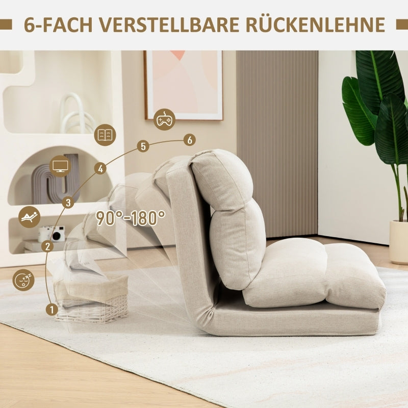 Vloerstol – Vloerstolletje – Inklapbare Zitstoel – Relaxstoel – Vloerbed – Verstelbare Rugleuning 6-standen – Dikke Comfortabele Kussenlaag – Beige Linnenlook