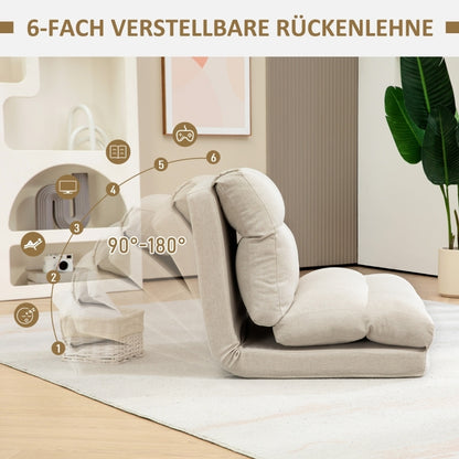 Vloerstol – Vloerstolletje – Inklapbare Zitstoel – Relaxstoel – Vloerbed – Verstelbare Rugleuning 6-standen – Dikke Comfortabele Kussenlaag – Beige Linnenlook