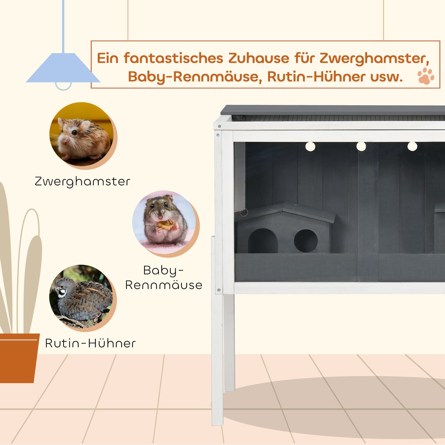Hamsterkooi – Dwergcavia Kooi – Kleine Dieren Kooi – Houten Kooi – Metalen Kooi – Donkergrijs Wit – 3000 cm² Ruimte – Acryl Schuifdeuren
