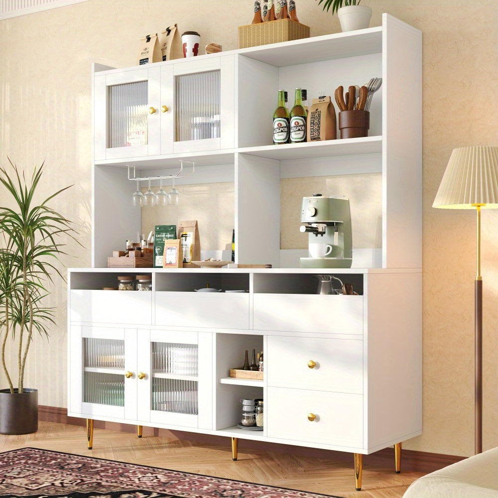 Modern White & Golden Tall Dining Cabinet with Glass Doors & Wine Rack - Multi-Tier Storage Floor-Standing Kitchen Organizer, 57" Height (145cm), 15.35" Depth (39cm), 66.93" Width (171cm), 3.2+ Cubic Feet Capacity, Metal Cons