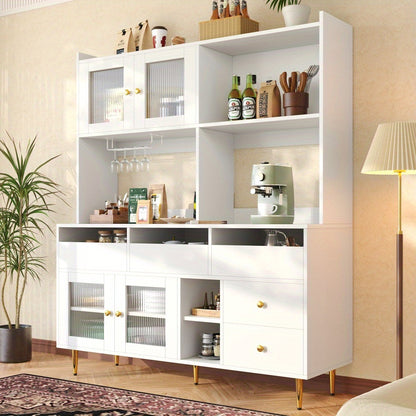 Modern White & Golden Tall Dining Cabinet with Glass Doors & Wine Rack - Multi-Tier Storage Floor-Standing Kitchen Organizer, 57" Height (145cm), 15.35" Depth (39cm), 66.93" Width (171cm), 3.2+ Cubic Feet Capacity, Metal Cons