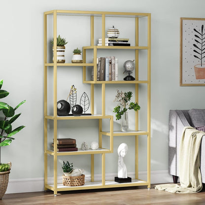 Tribesigns 8 Open Level Bookcase Gold Marble Look Modern Bookcase Organizer for Home Office