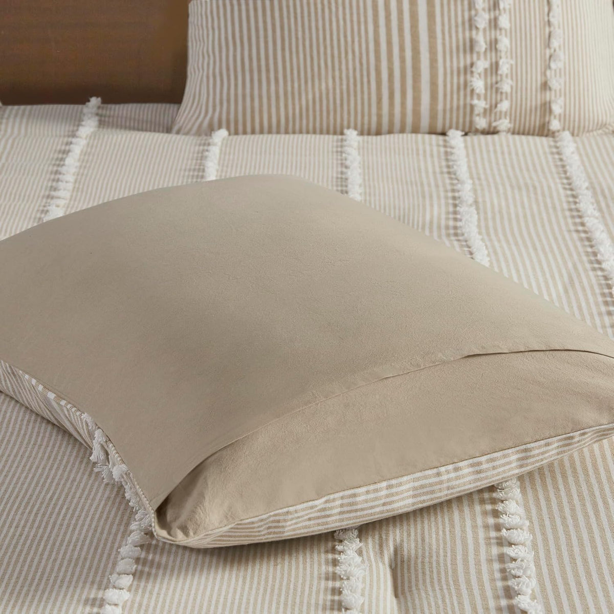 Harbor House 100% Cotton Duvet Set - Trendy Tufted Textured Design, All Season Cozy Bedding Modern Comforter Cover, Matching Shams, Anslee Pom Pom Taupe Queen(90"x90") 3 Piece