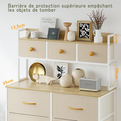 Commode, Opbergkast, Commode met Laden, Ladekast met Handvatten, Commode Kast met Houten Blad en 9 Lades, Kleerkast voor Slaapkamer, Beige