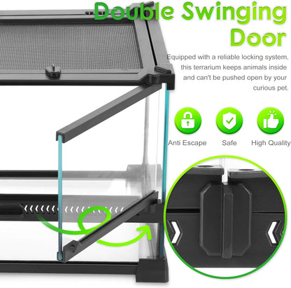 Mini Reptiel Glas Terrarium 12"x12"x12" Duurzame Reptielen Habitat Tank met Hittebestendig Aluminium Frame Dubbele Draaiende Deuren zonder Jam door Zand en Andere Puin