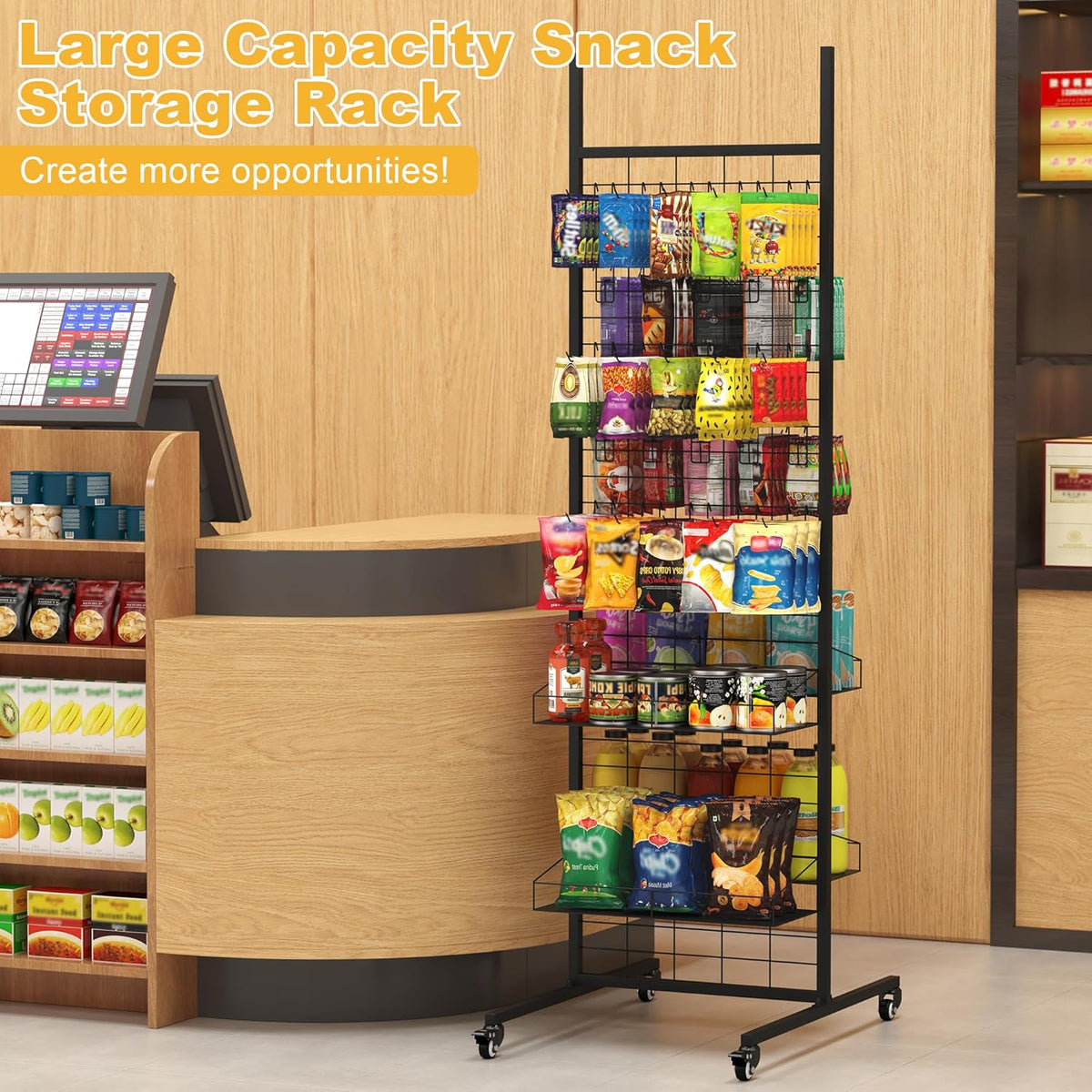 Pegboard displaystand – Displayrek – Winkelrek – Presentatierek – Displaystandaard – Zwart, vrijstaand model met wielen – Inclusief 50 haken en 4 planken – 70 x 51 x 178 cm