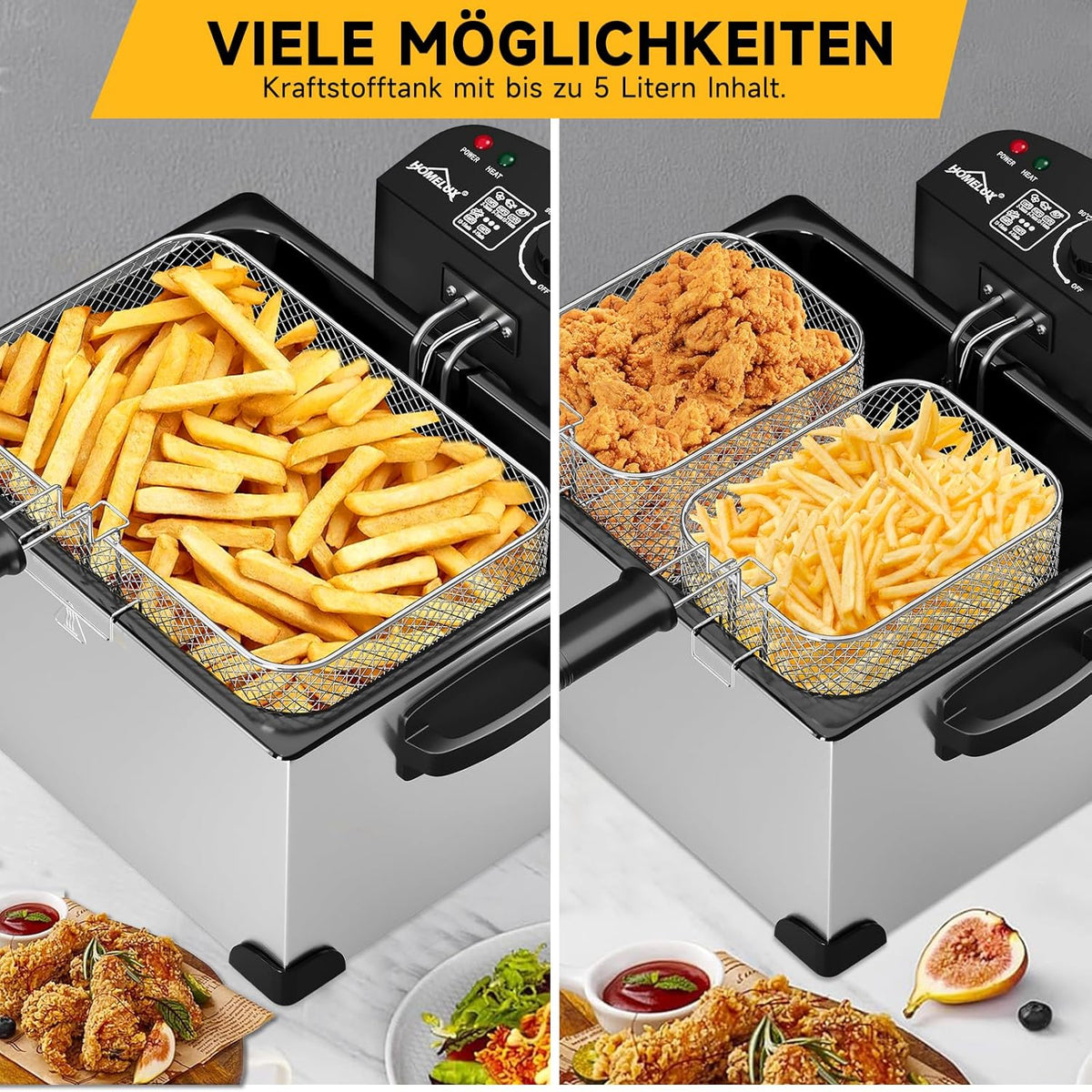 Friteuse, 5 liter friteuse met koude vetzone, 2000 W oliefriteuse, temperatuurregelaar, traploze temperatuurregelaar tot 190 °C, roestvrij staal XL friteuse met 3 frituurmanden, Deep Fryer voor