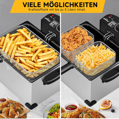 Friteuse, 5 liter friteuse met koude vetzone, 2000 W oliefriteuse, temperatuurregelaar, traploze temperatuurregelaar tot 190 °C, roestvrij staal XL friteuse met 3 frituurmanden, Deep Fryer voor