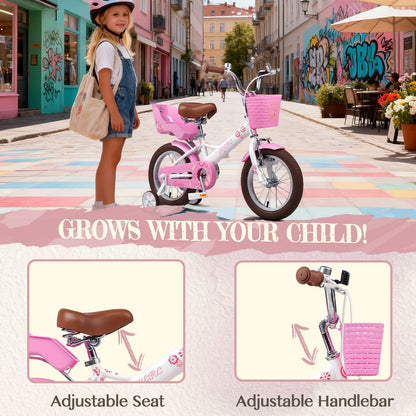 Glerc Kinderfiets voor meisjes, 12 - 20 inch, voor kinderen van 2 tot 20 jaar, met poppenstoel, mand, steunwielen en standaard, meerdere kleuren
