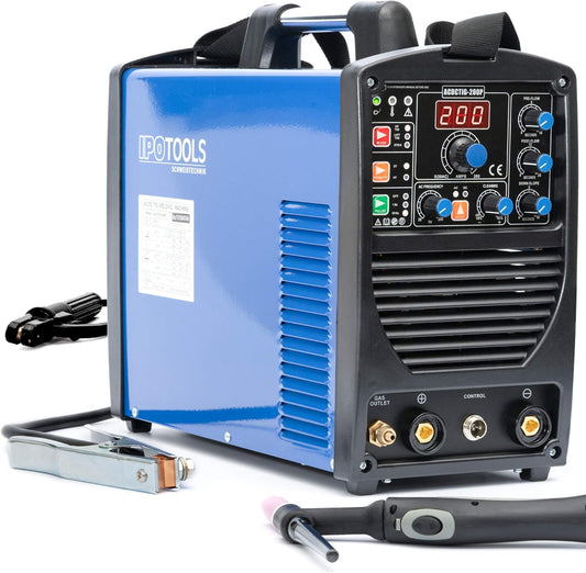 IPOTOOLS ACDCTIG 200P WIG Lasapparaat, AC/DC, lasapparaat met 200 ampère, volledig digitaal inverter-lasapparaat, inclusief HF-ontsteking, pulsfunctie, MMA/E-hand, IGBT