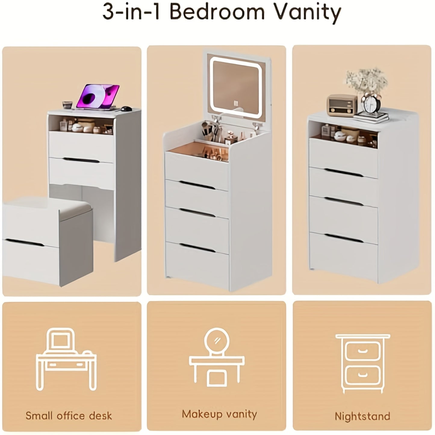 Kaptafel – Make-up Tafel – Dressoir – Slaapkamer Meubel – Toaletttafel – Compact 3-in-1 Design – Glazen Blad & Zachte Kruk