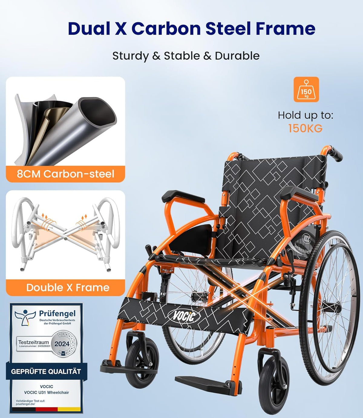VOCIC U31 Rolstoel, licht, 150 kg, aluminium rolstoel voor gehandicapten, dubbele rem, rolstoel voor senioren, solide banden, 60 cm voor alle vloeren, oranje