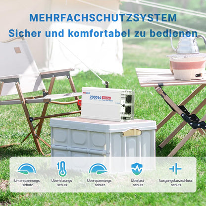 Redodo Pure Sine Wave omvormer, 2000 W, 2 V DC naar 230 V AC converter voor dames, camping, zonne-omvormer met 2 AC-uitgangen, monitoring-scherm met real-time statusweergave