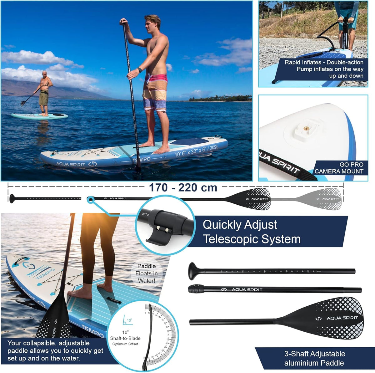 AQUA SPIRIT Opblaasbaar Stand up Peddelbord SUP Tempo 320x81x15cm Complete Verpakking Volwassenen Beginners/Experts Paddle Board Max 120KG met Aluminium Peddel, 2 Jaar Garantie