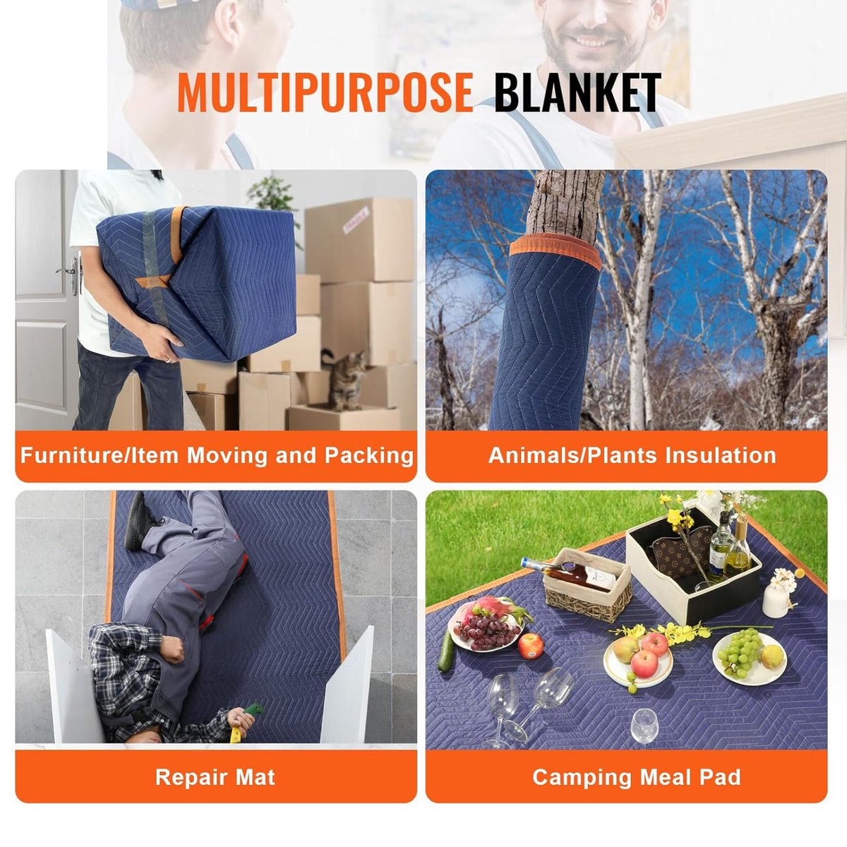 VEVOR Furniture Moving Covers, 2034 x 1830 mm, Pack of 12, Durable Packaging Protective Covers, Recycled Cotton Non-Woven Fabric for Furniture Protection, Floors, Blue/Orange