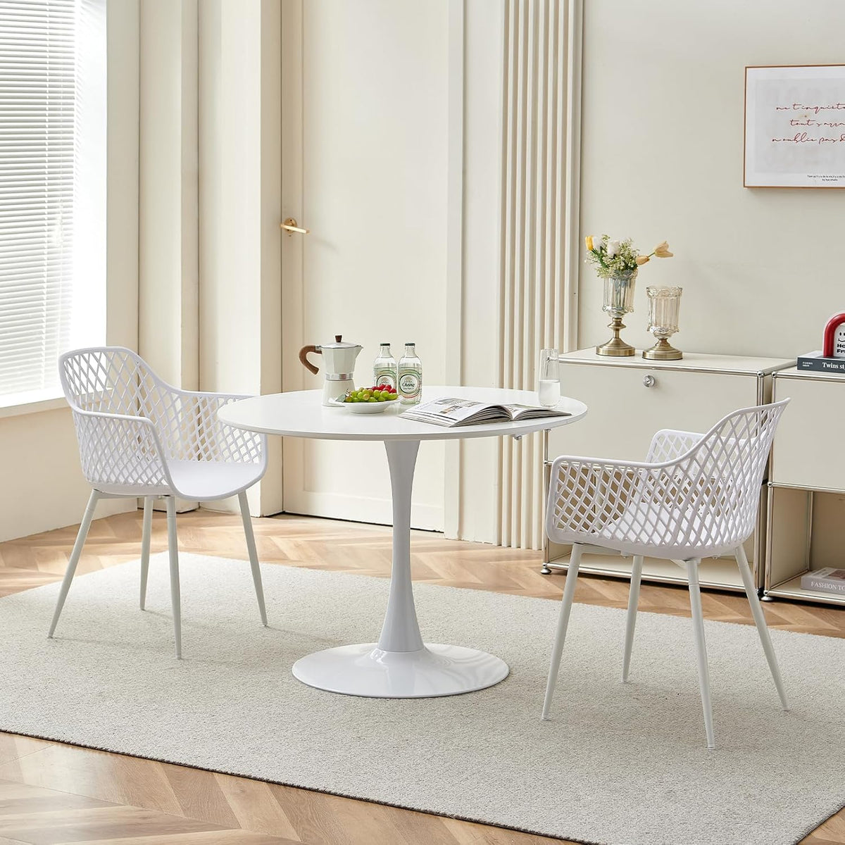 Modern Round Dining Table, Bar Table, Desk, Suitable for Kitchen, Dining Room, Living Room and Office, for 2-4 People, Diameter 100 cm, White - QUORE