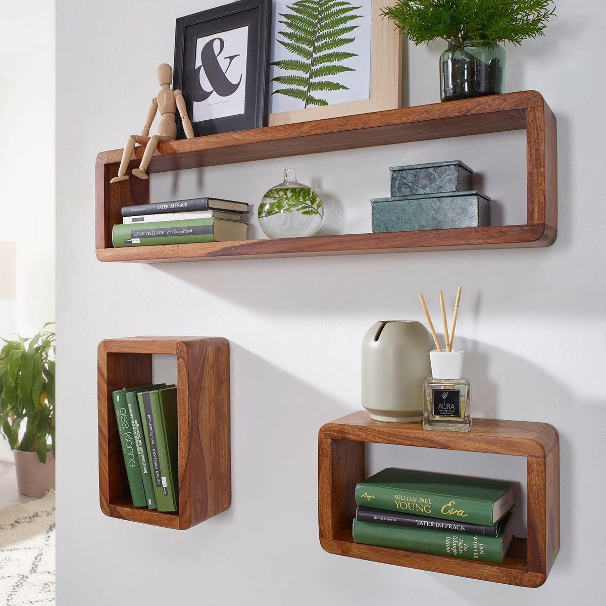 FineBuy Wall Shelf Set of 3 Sheesham Solid Wood | Wall Shelf Cube Hanging Shelf | Shelf for Wall Floating - QUORE