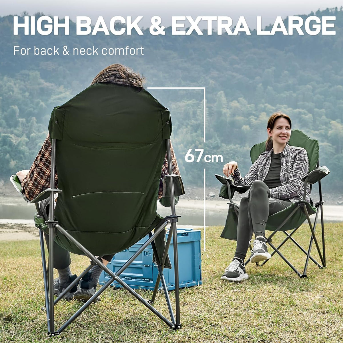 EVER ADVANCED Luxe campingstoel, opvouwbaar, belastbaar tot 160 kg, ultragroot, met hoge rugleuning, comfortabele klapstoel met zijzak en bekerhouder voor camping, tuin, balkon, vissen, tuinstoel