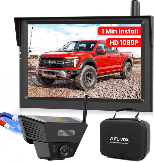 AUTO-VOX Draadloze achteruitrijcamera, zonne-energie, magnetische achteruitrijcamera, radio: installatie van 1 minuut, 5 inch 1080p monitor, 115 m bereik voor caravan, vrachtwagen, auto, camper