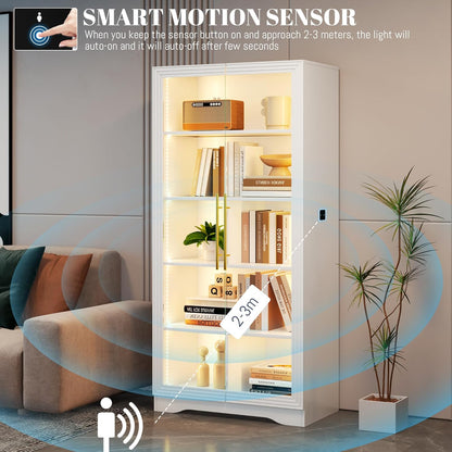 LVSOMT Glazen vitrine met ledverlichting, 165 cm, vitrinekast met glazen deuren, vitrine met 4 displayplanken, 3 kleuren licht, vitrine, glas, hout, woonkamer, hal, wit