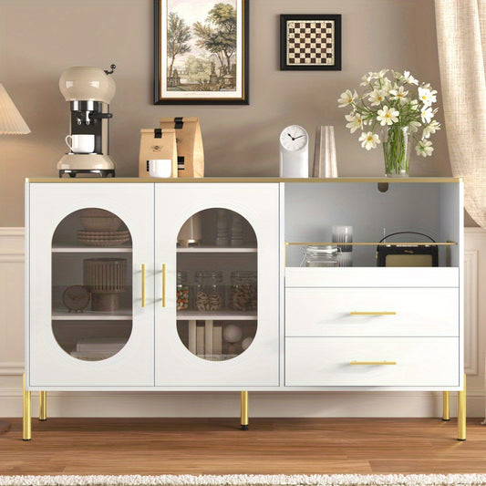 Dressoir – Sideboard – Buffetkast – Ladekast – Opbergkast – Wit met Gouden Accenten – MDF Met Kabeldoorvoer – Eenvoudige Montage