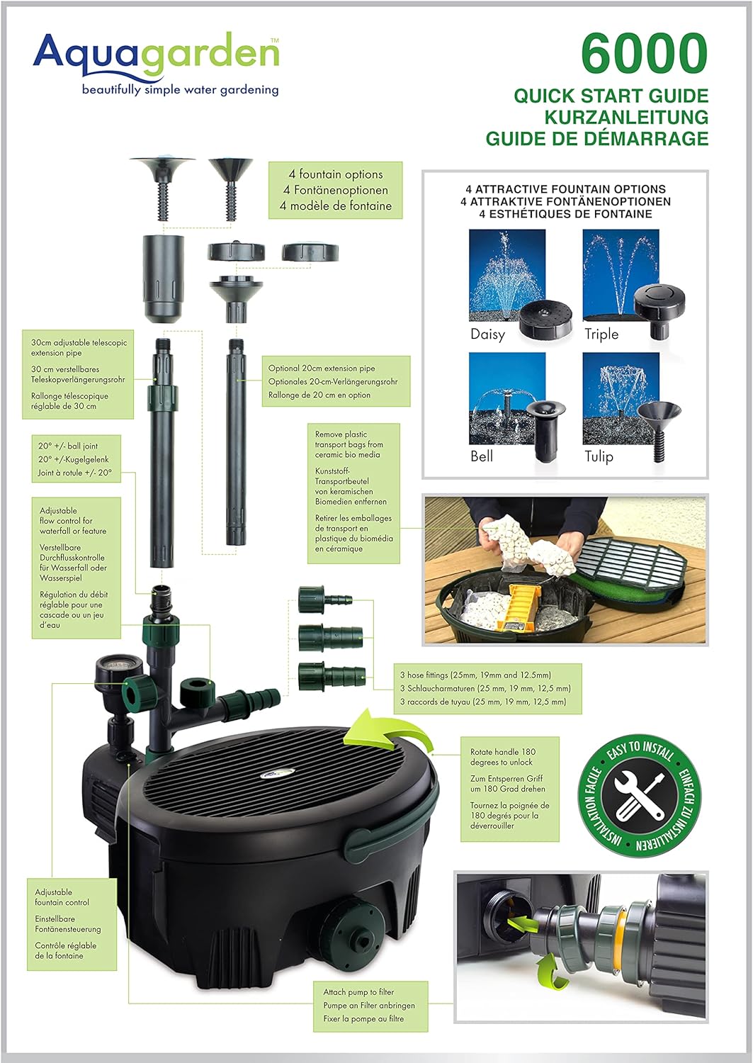 Aquagarden Inpond 6000, vijver- en waterpomp, filter, UV zuiveraar, LED spot en fontein, complete oplossing voor een schone, heldere en mooie vijver, voor vijvers tot 6000 liter, zwart