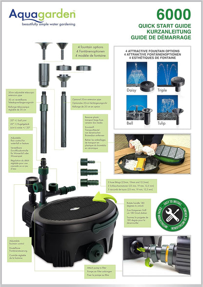 Aquagarden Inpond 6000, vijver- en waterpomp, filter, UV zuiveraar, LED spot en fontein, complete oplossing voor een schone, heldere en mooie vijver, voor vijvers tot 6000 liter, zwart