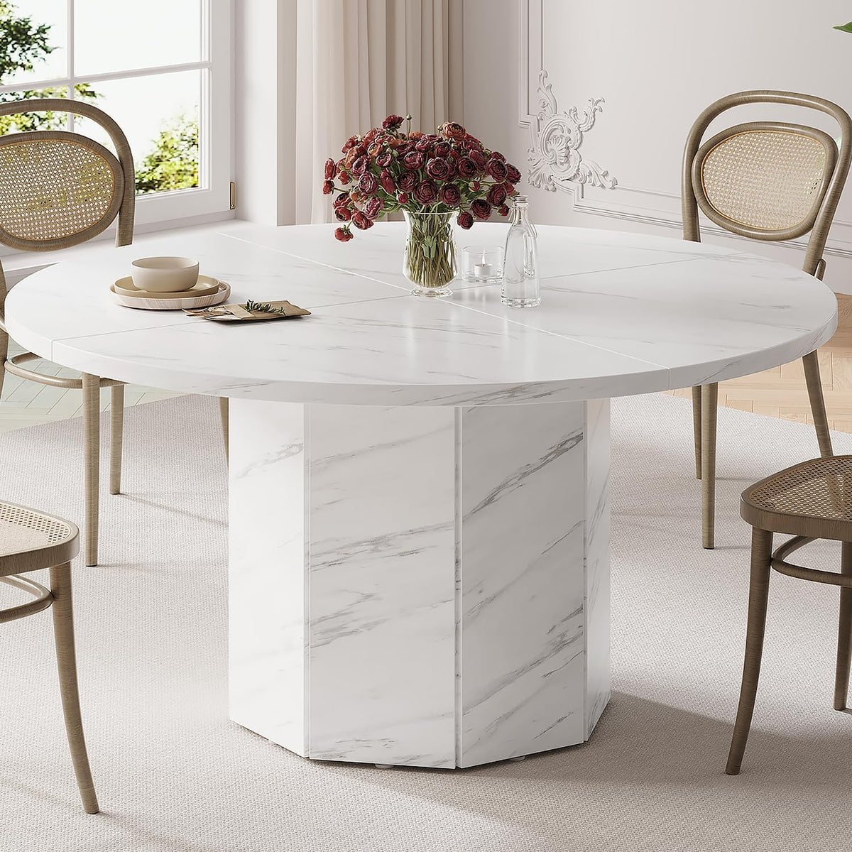 HSH Ronde eettafel voor 4-6 personen, alleen witte faux marmeren eettafel, moderne cirkel keukentafel voor thuis woonkamer, industriële houten eettafel met achthoekige basis, wit marmer, 120 cm - QUORE