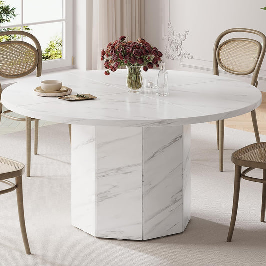 HSH Ronde eettafel voor 4-6 personen, alleen witte faux marmeren eettafel, moderne cirkel keukentafel voor thuis woonkamer, industriële houten eettafel met achthoekige basis, wit marmer, 120 cm - QUORE