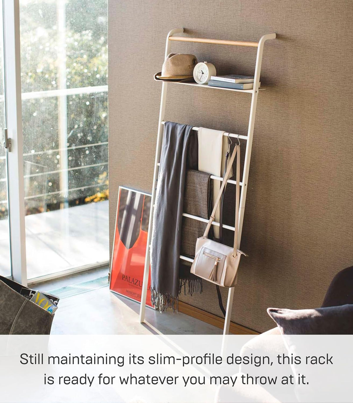 Yamazaki 3871 TOWER Leaning Ladder Hanger with Shelf, white, Steel/Wood, 66 x 30~38 x 160 cm