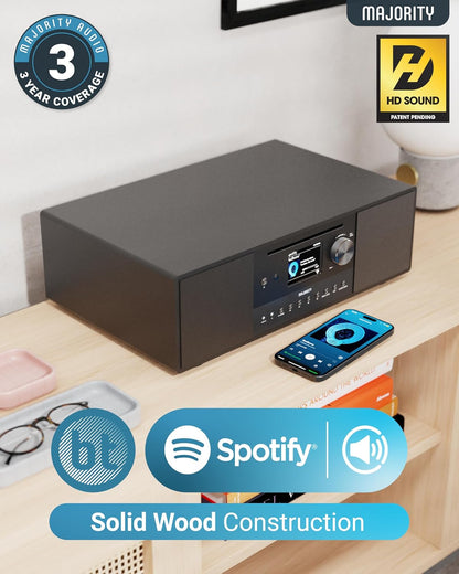 Internetradio met WLAN en CD-speler | Stereo-installatie met Bluetooth en DAB+ & FM radio | 120W 2.1 stereoluidspreker met ingebouwde subwoofer | Keukenradio met Spotify Connect & podcasts | Majority